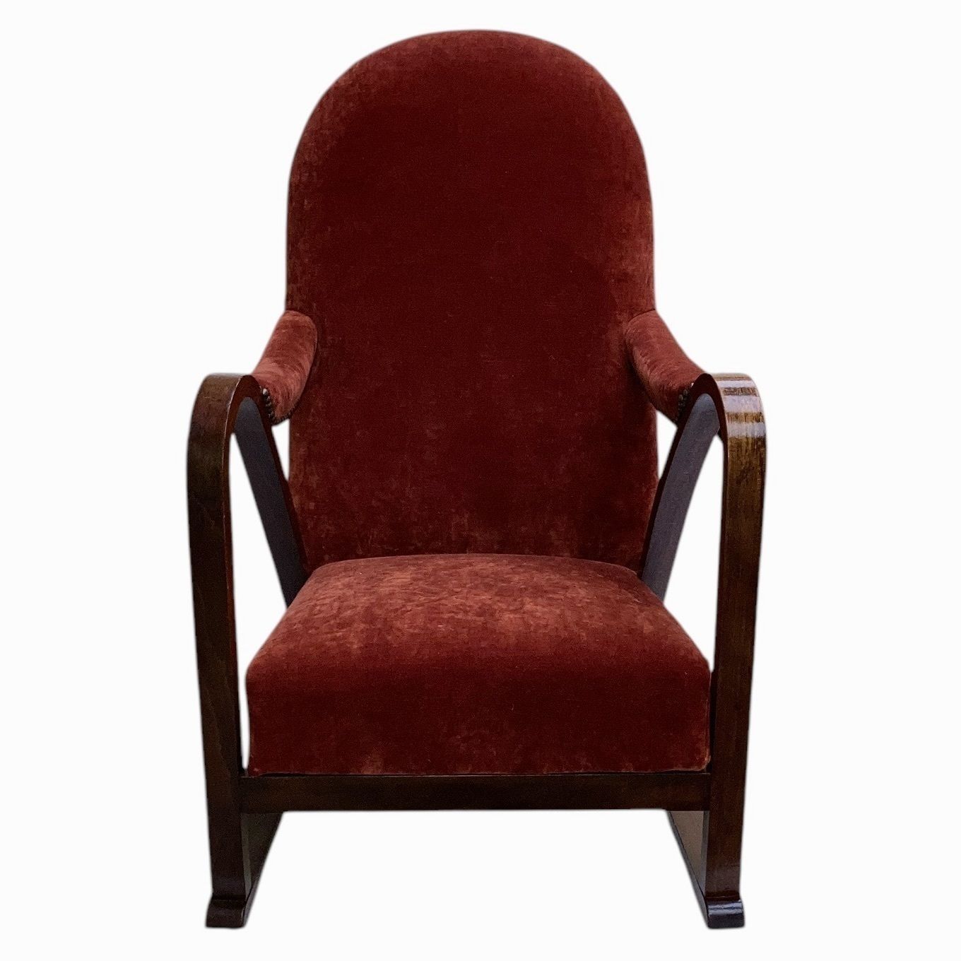 Rare Shaped Art Deco Armchair With Bentwood Frame: Redcurrant  Velvet And Bronze Tack Detailing photo vinterior