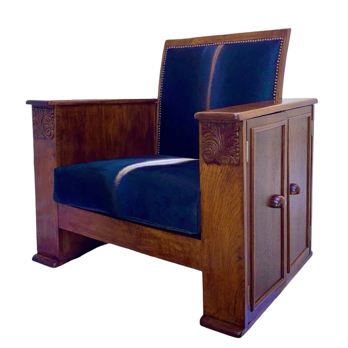 Heals Style Art Deco Library Armchair With Bookcase And Drinks Compartment In South American Cowhide Fully Restored photo for sale