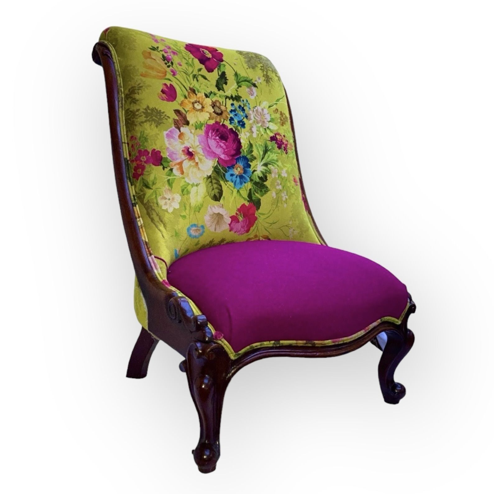 Victorian  Ladies  Slipper Chair In Mahogany Fully Restored And Upholstered In Spanish Alhambra Velvet And Harris Tweed photo furniture