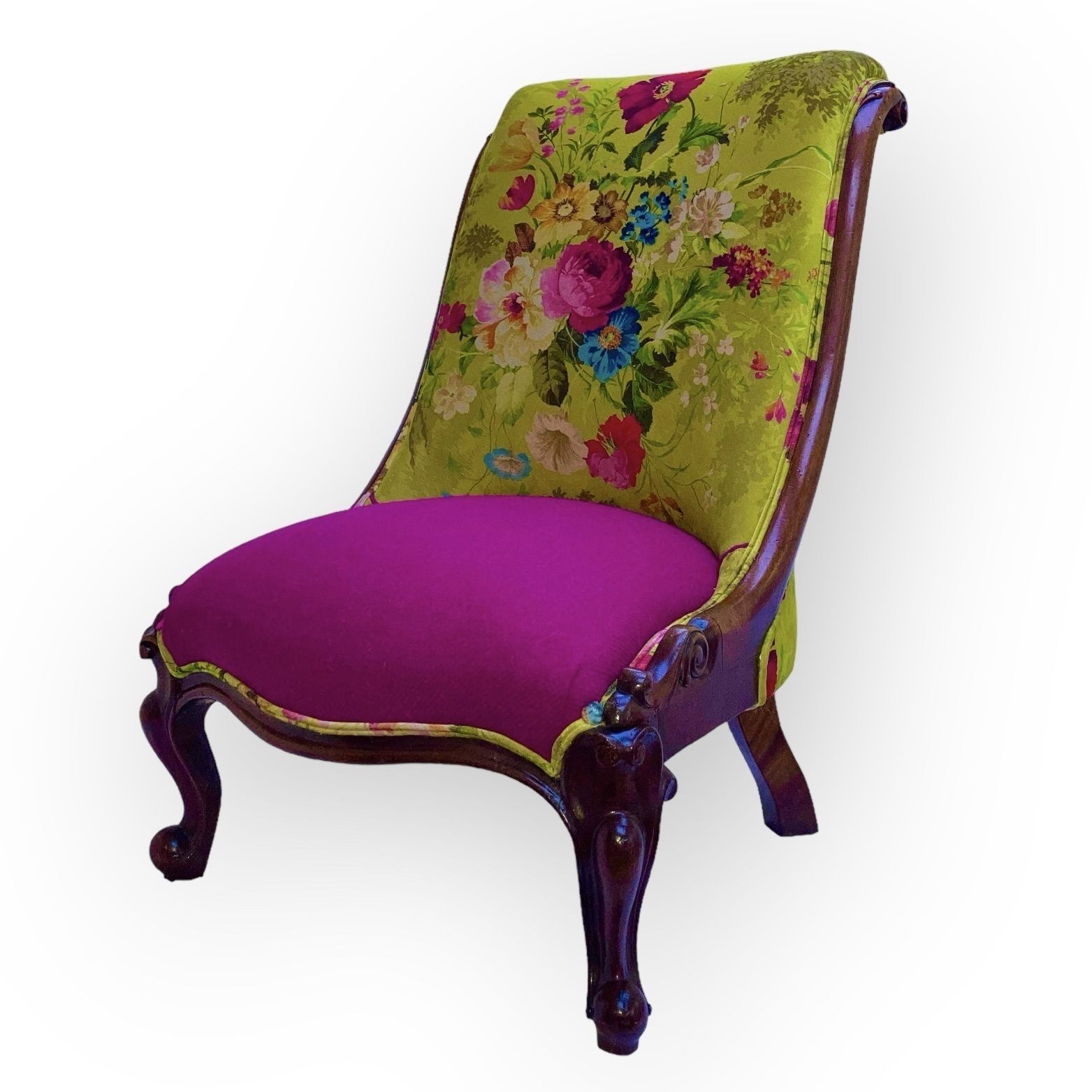 Victorian  Ladies  Slipper Chair In Mahogany Fully Restored And Upholstered In Spanish Alhambra Velvet And Harris Tweed
