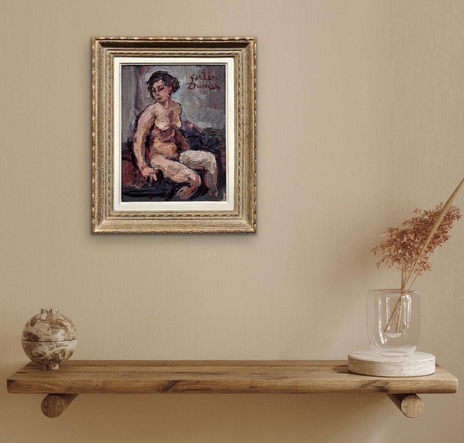 photo vinterior Gaetan Dumas 1879 To 1950. French. A Trace Of Pleasure Or Regret. 1930s Female Nude Oil Painting. Warmth, Contentment And Closeness.