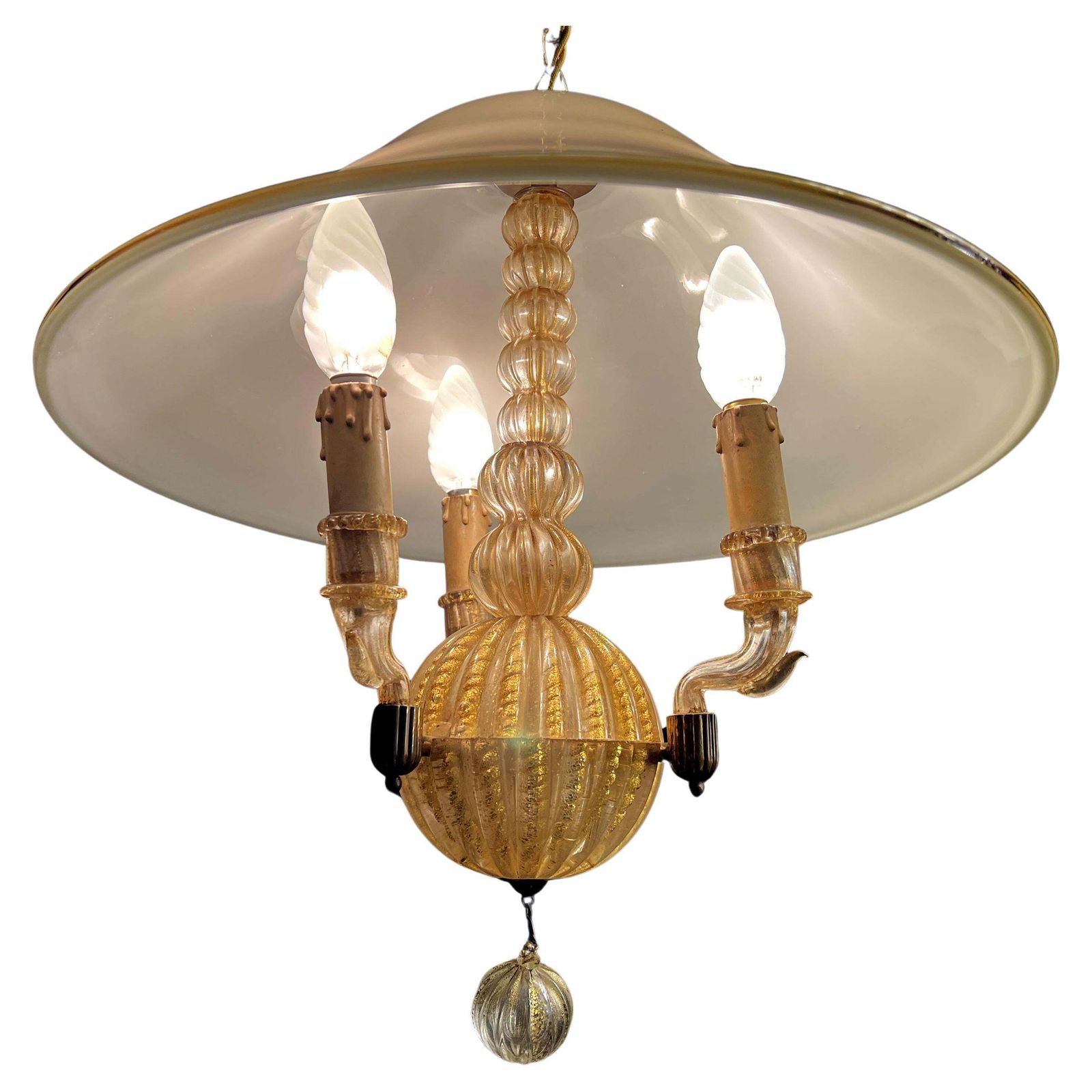 Italian Chandelier Gold Inclusion By Barovier & Toso, Murano, 1940s