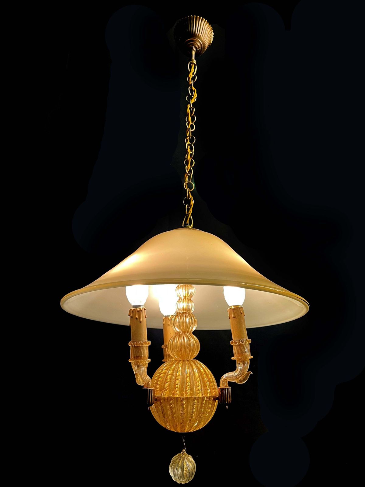photo buy Italian Chandelier Gold Inclusion By Barovier & Toso, Murano, 1940s