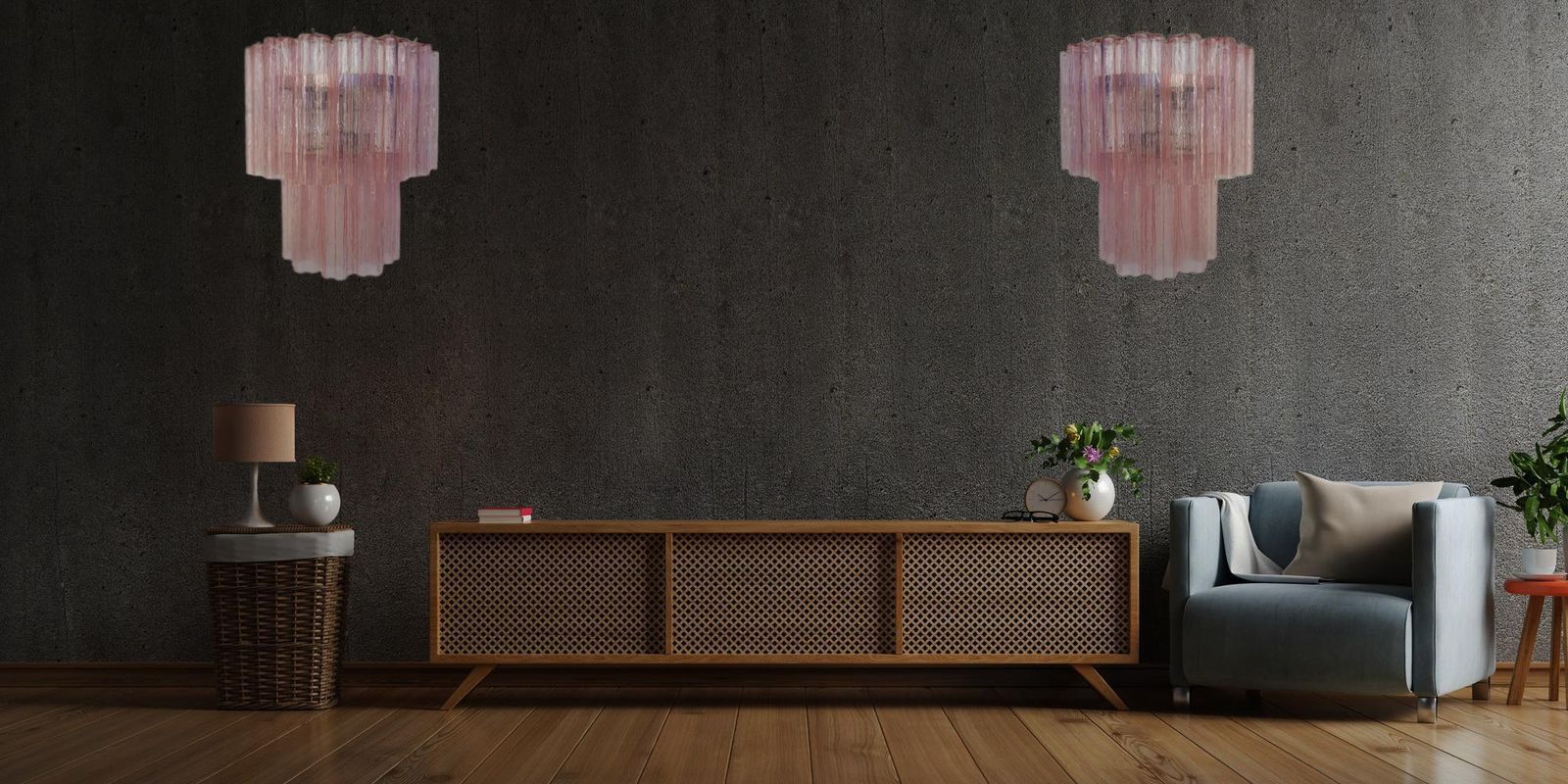 Fantastic Pair Of Murano Glass Tube Wall Sconces   13 Pink Glass Tube photo for sale