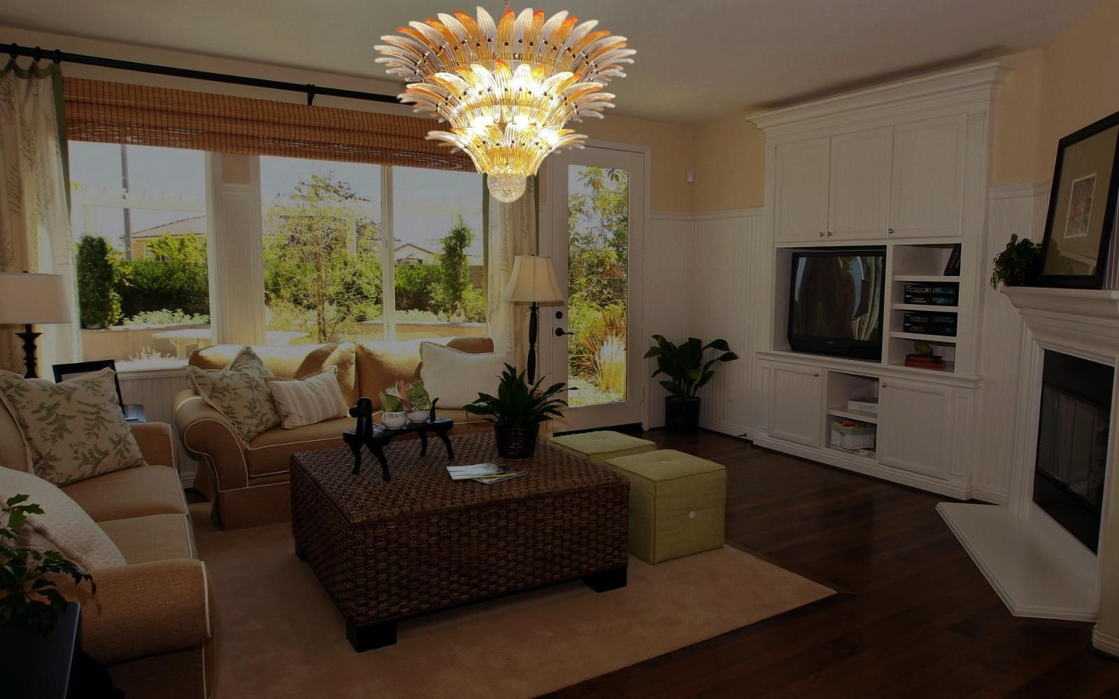 Elegant Palmette Ceiling Light   Three Levels, 104 Clear And Amber Glasses photo buy