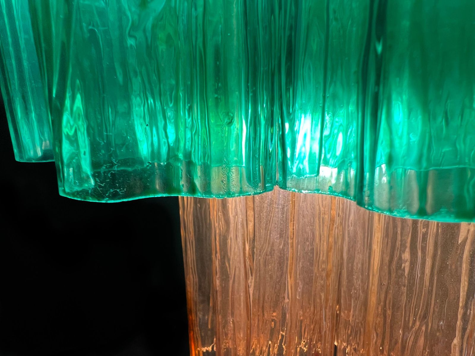 photo for sale Pair Elegant Italian Emerald And Gold Chandeliers By Valentina Planta, Murano