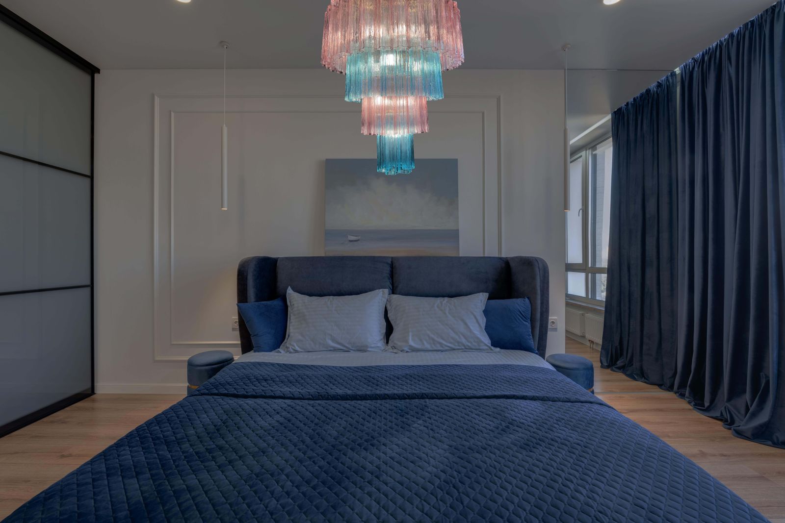 photo furniture Charming Pair Italian Pink An Blue Chandeliers By Valentina Planta, Murano