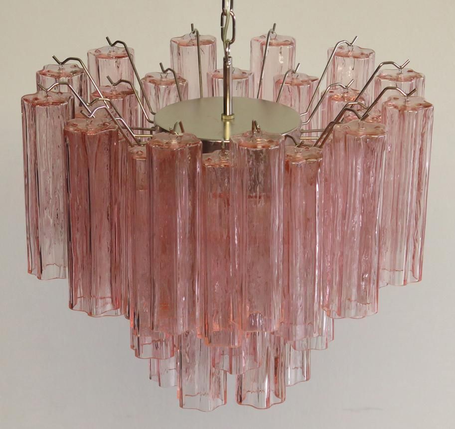 Pair Of Tronchi Chandeliers Style Toni Zuccheri, 36 Pink Glasses, Murano, 1990 photo for sale