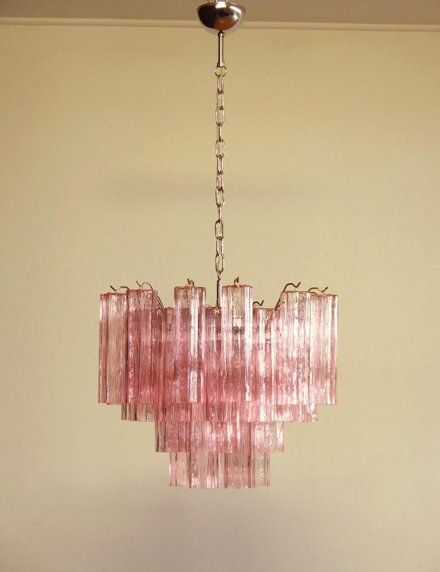 photo for sale Pair Of Tronchi Chandeliers Style Toni Zuccheri, 36 Pink Glasses, Murano, 1990