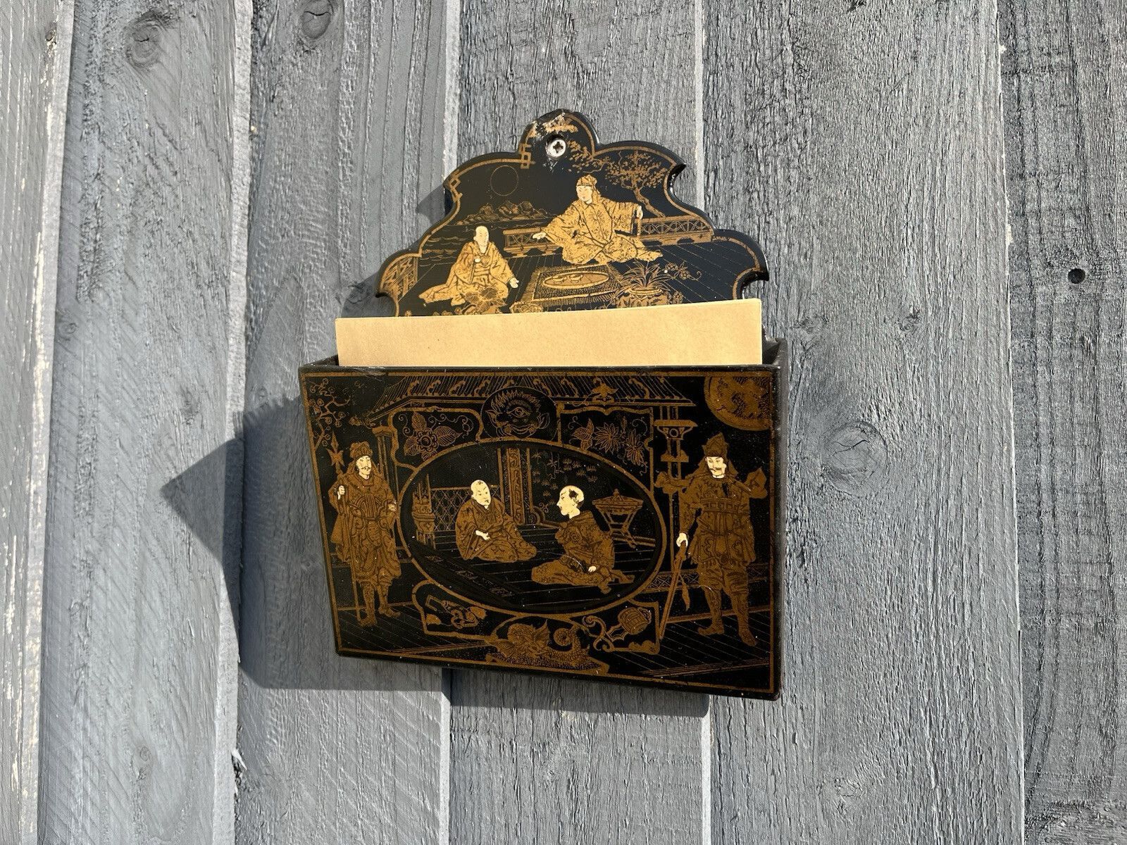 Antique Chinoiserie Lacquer Papier Mache Wall Pocket Box Letter Rack Japonsime