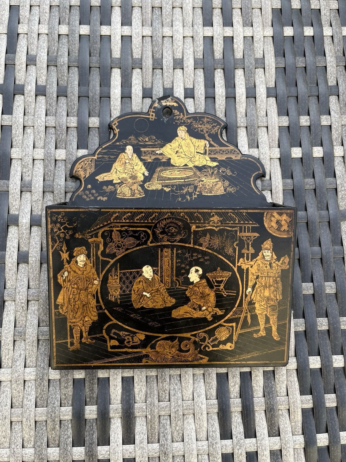 Antique Chinoiserie Lacquer Papier Mache Wall Pocket Box Letter Rack Japonsime photo furniture