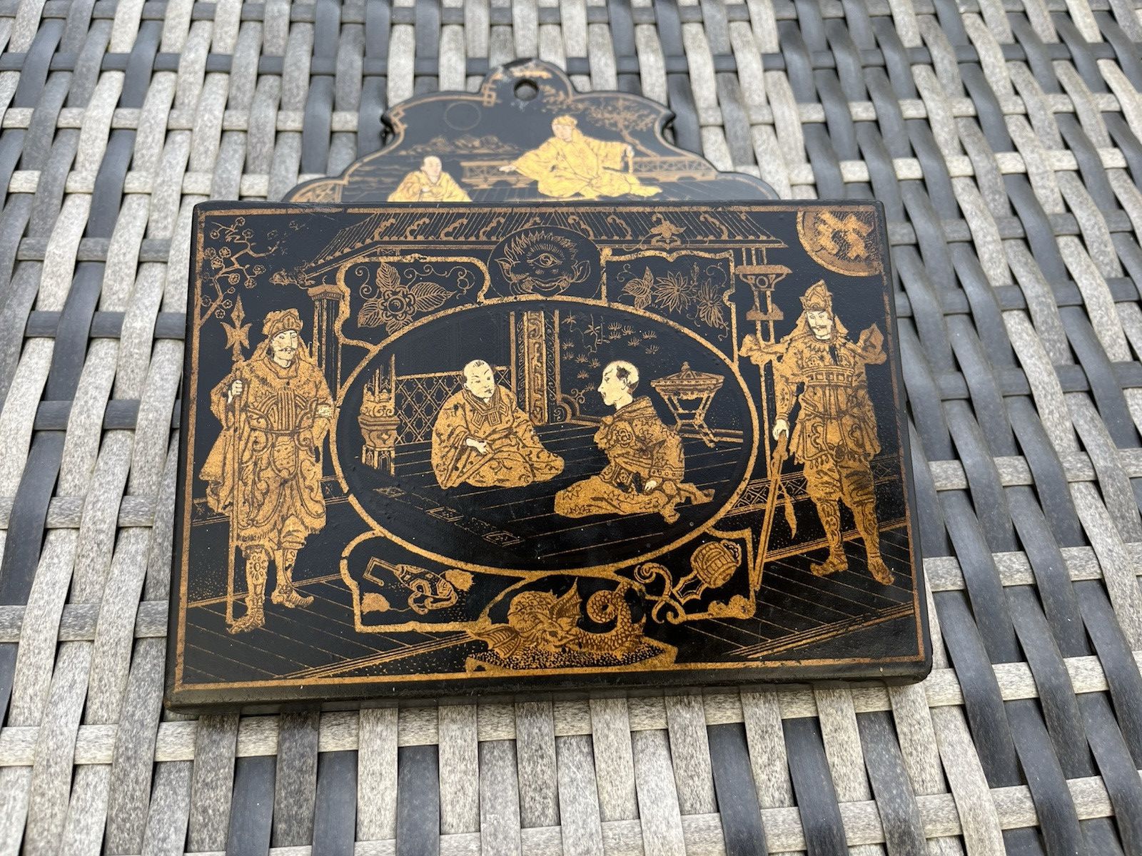 Antique Chinoiserie Lacquer Papier Mache Wall Pocket Box Letter Rack Japonsime photo for sale