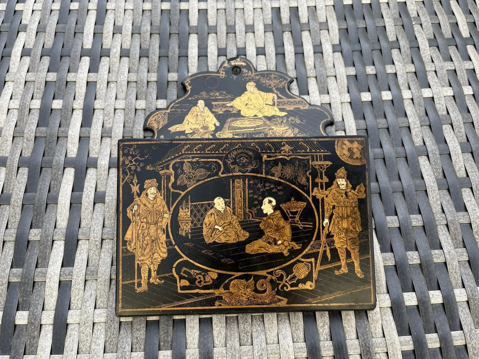 photo for sale Antique Chinoiserie Lacquer Papier Mache Wall Pocket Box Letter Rack Japonsime