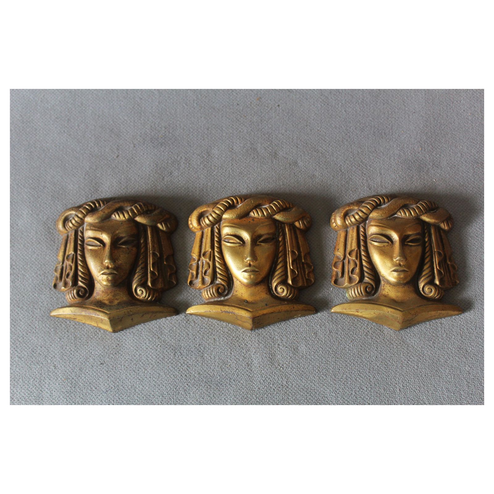 Set Of Three Antique French Bronze Pediment Or Ornament, Furniture Decoration, Empire Regency, Lady, Embellishment Salvage, Restoration