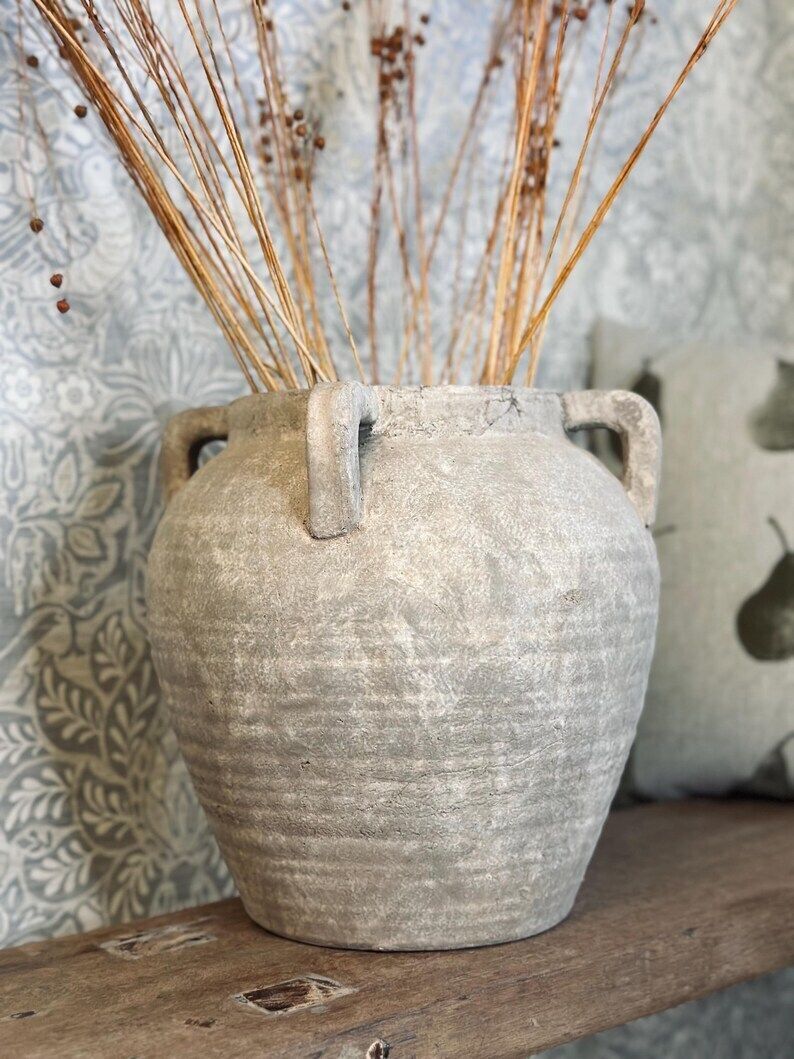 Stone Vase, Rustic Vase, Beige Vase, Urn, Four Handle Vase, Heavy Vase, Home Decor, Large Vase, Aged Vase, Contemporary Vase, Neutral Vase photo for sale
