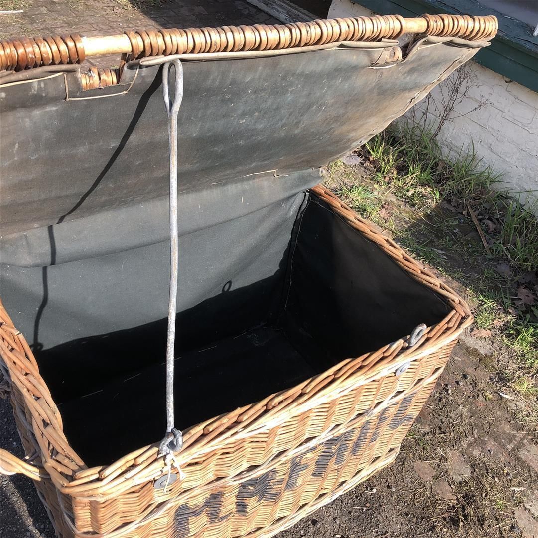 Large Vintage Hotel Laundry Basket With Lid, On Wheels photo for sale