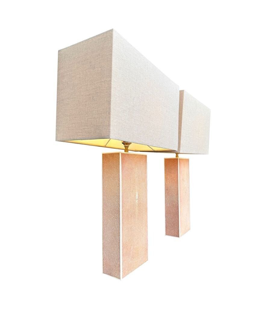 A Pair Of 1960s Pastel Pink Shagreen Lamps With Natural Linen Shades