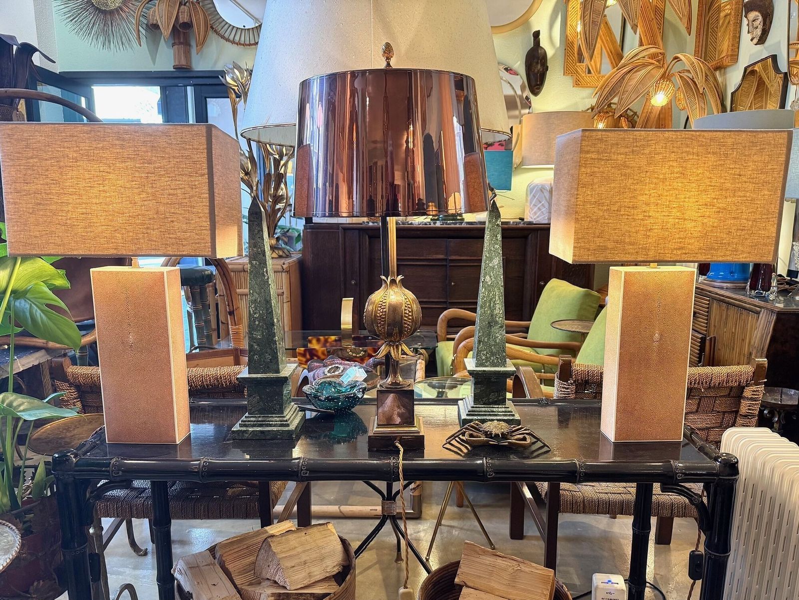 A Pair Of 1960s Pastel Pink Shagreen Lamps With Natural Linen Shades photo furniture