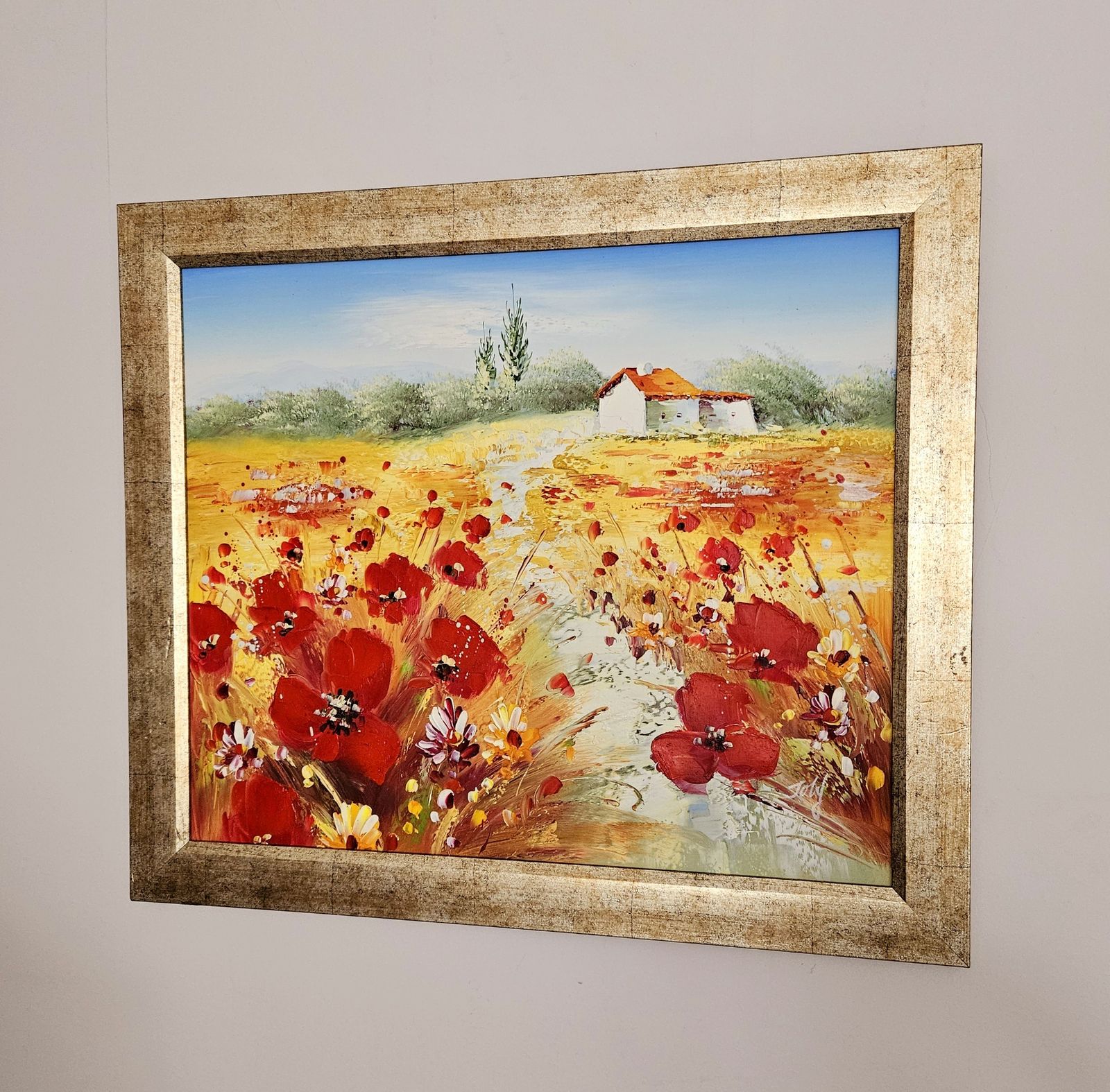 Large, Framed Oil Painting Of Cornfields & Poppies