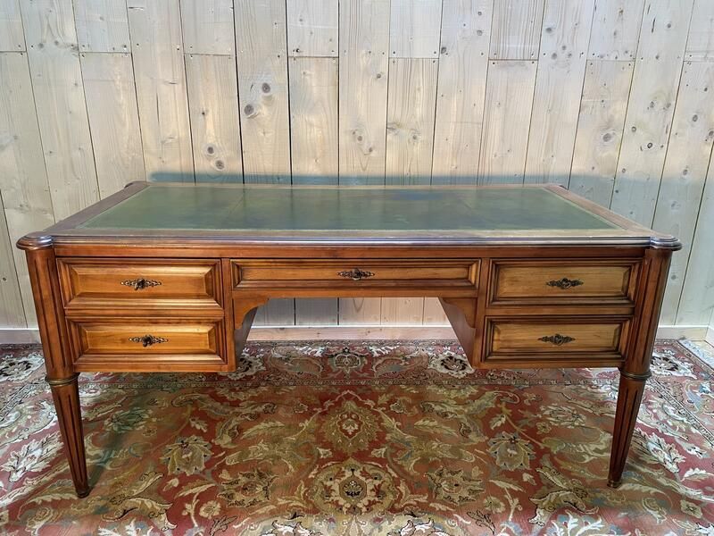 Bureau Plat De Style Louis XVI En Merisier Et Cuir Vert