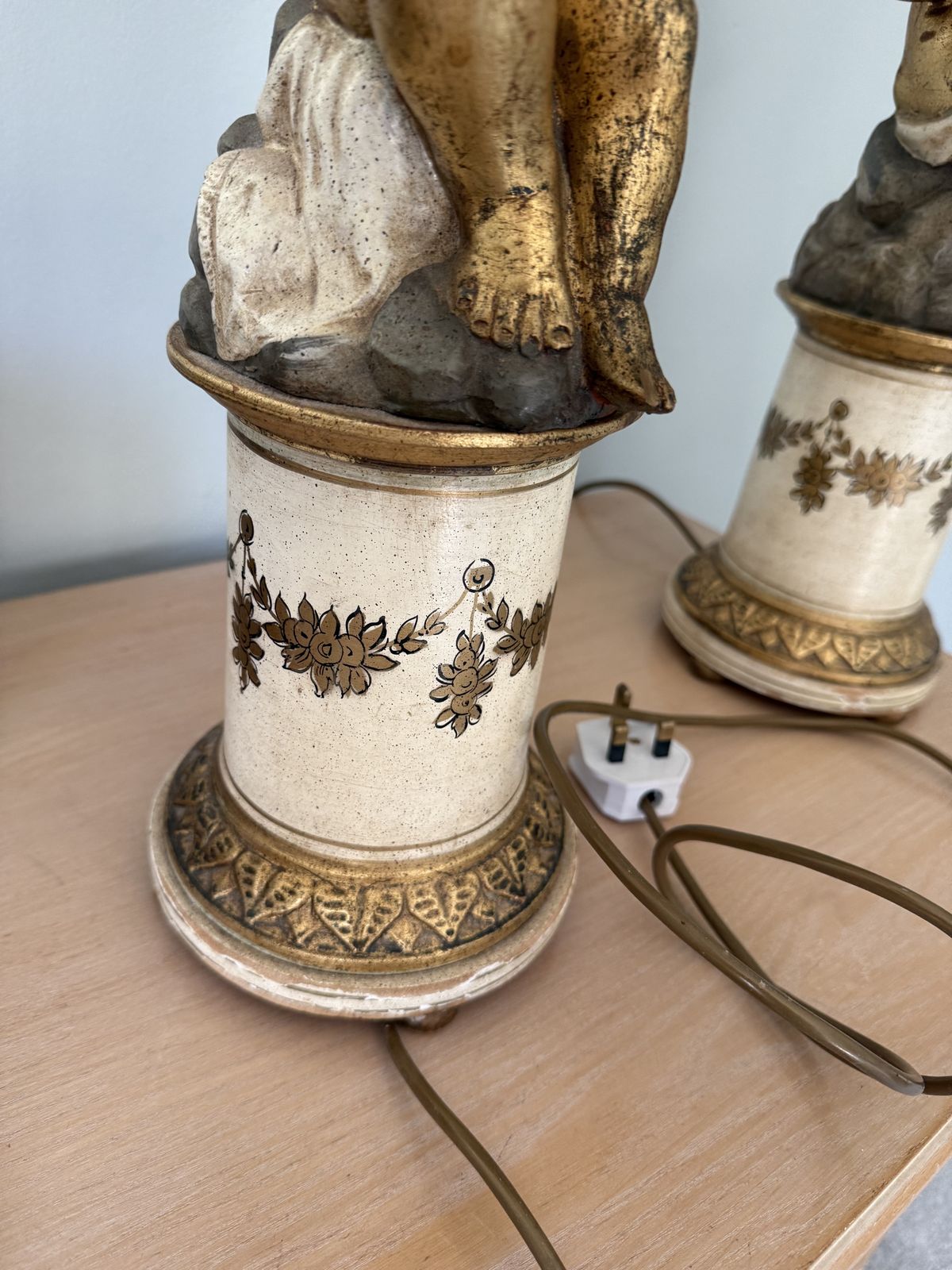 Pair Antique Italian Putti Cherub Cupid Plaster Terracotta Wood Gold Renaissance Lamps photo for sale