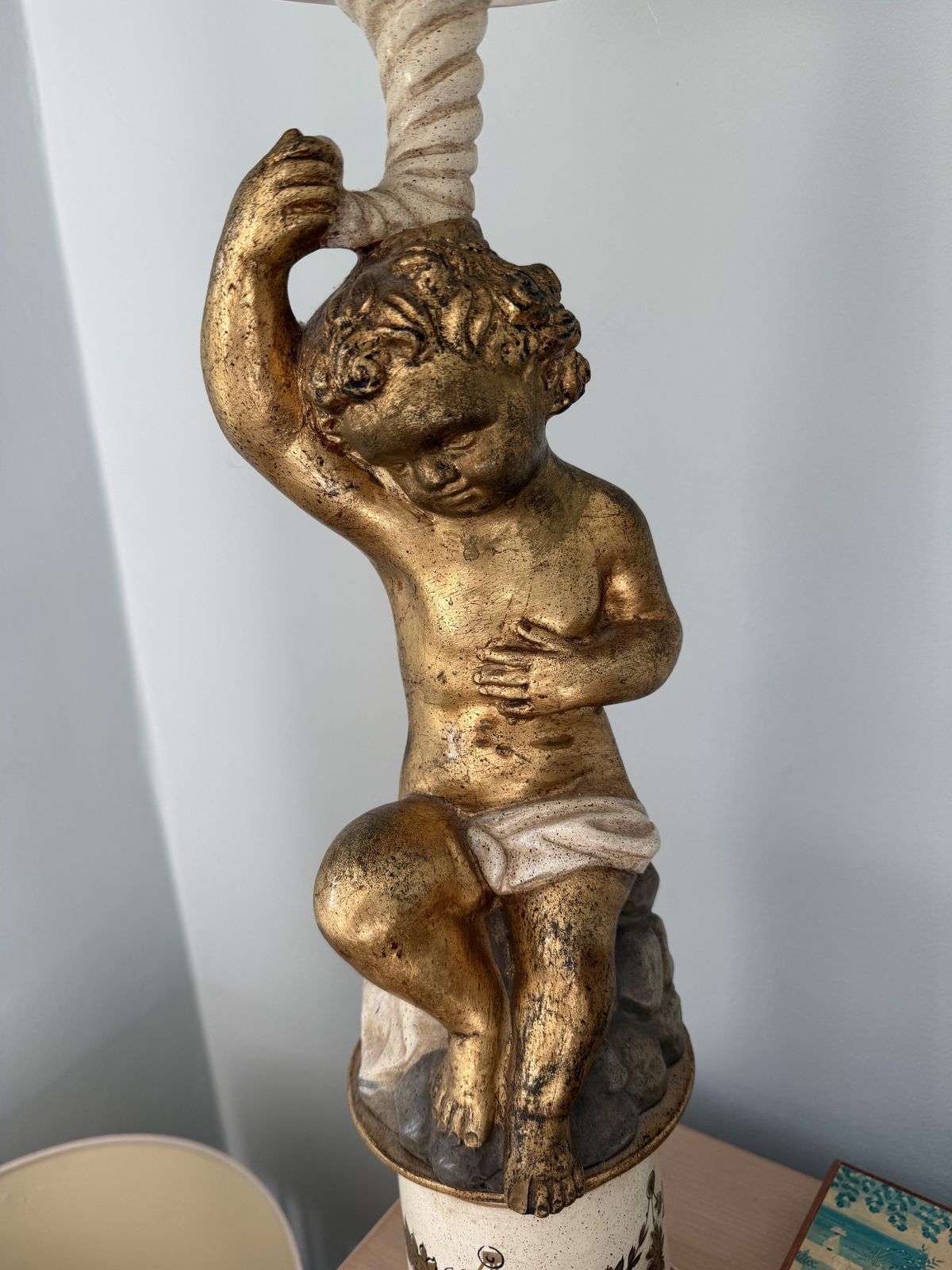 Pair Antique Italian Putti Cherub Cupid Plaster Terracotta Wood Gold Renaissance Lamps photo Lighting