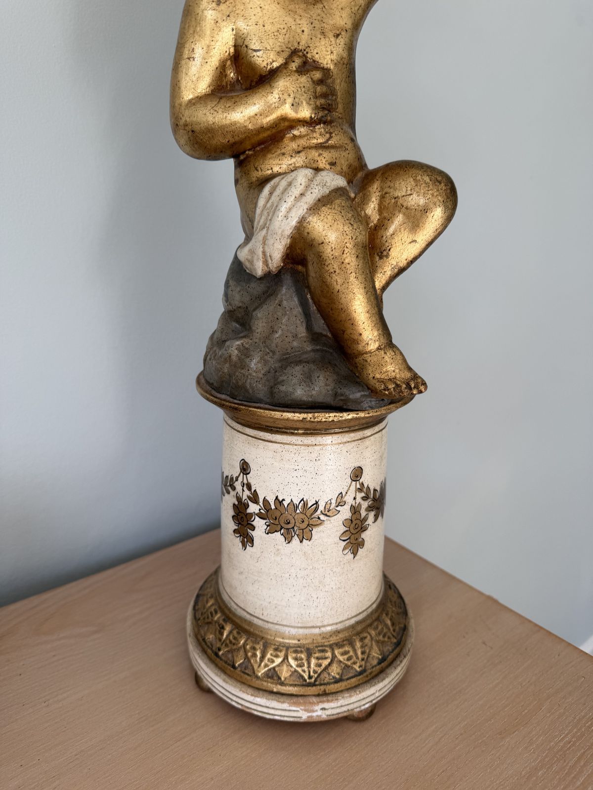 Pair Antique Italian Putti Cherub Cupid Plaster Terracotta Wood Gold Renaissance Lamps photo vinterior