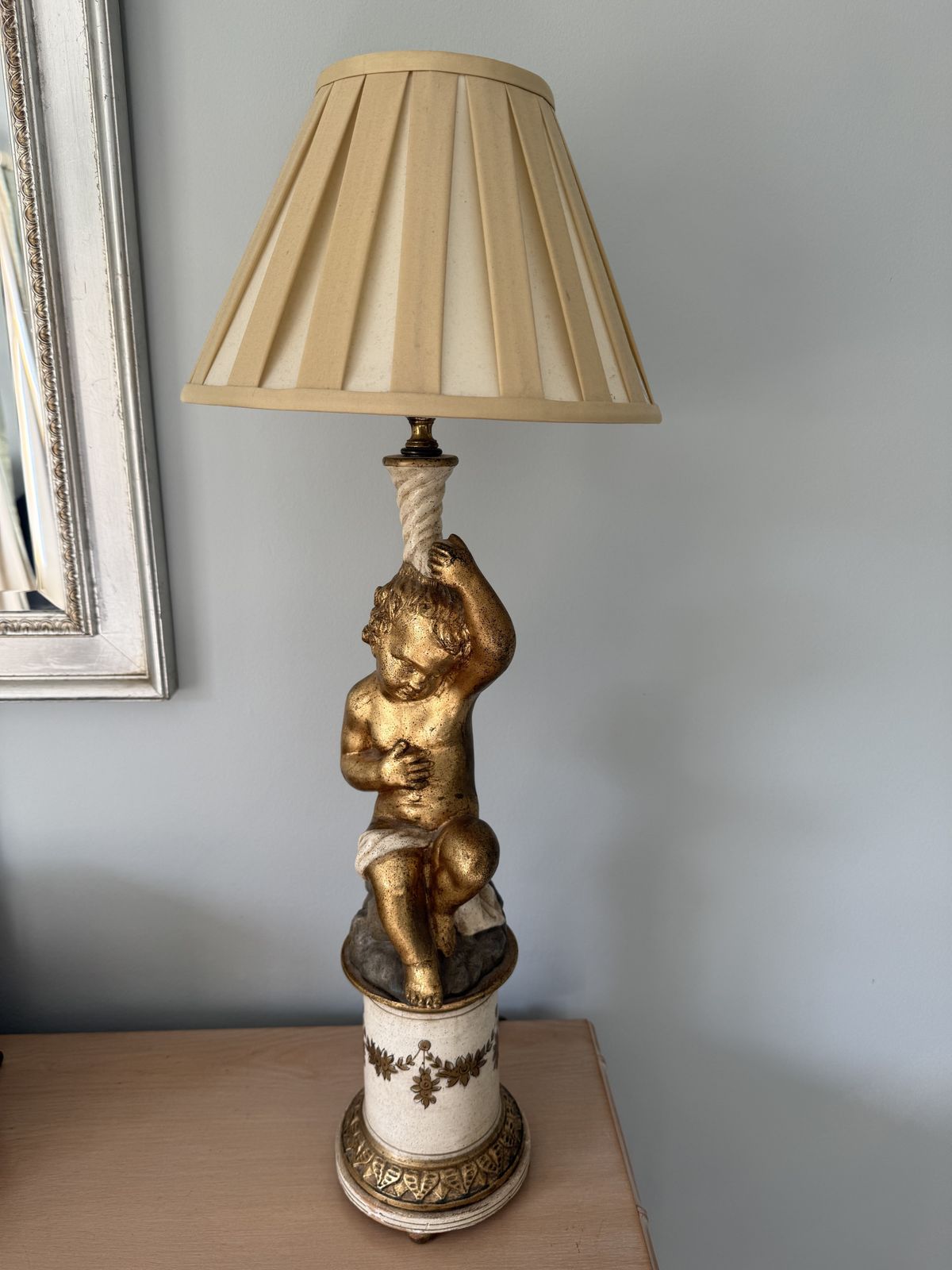 1200.0 Pair Antique Italian Putti Cherub Cupid Plaster Terracotta Wood Gold Renaissance Lamps photo