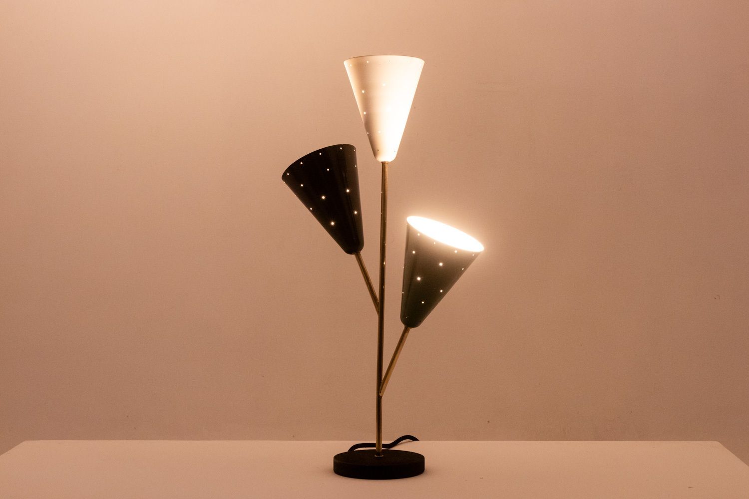 Stilnovo. 3 Light Lamp In Sheet Metal And Brass. 1960s. photo furniture