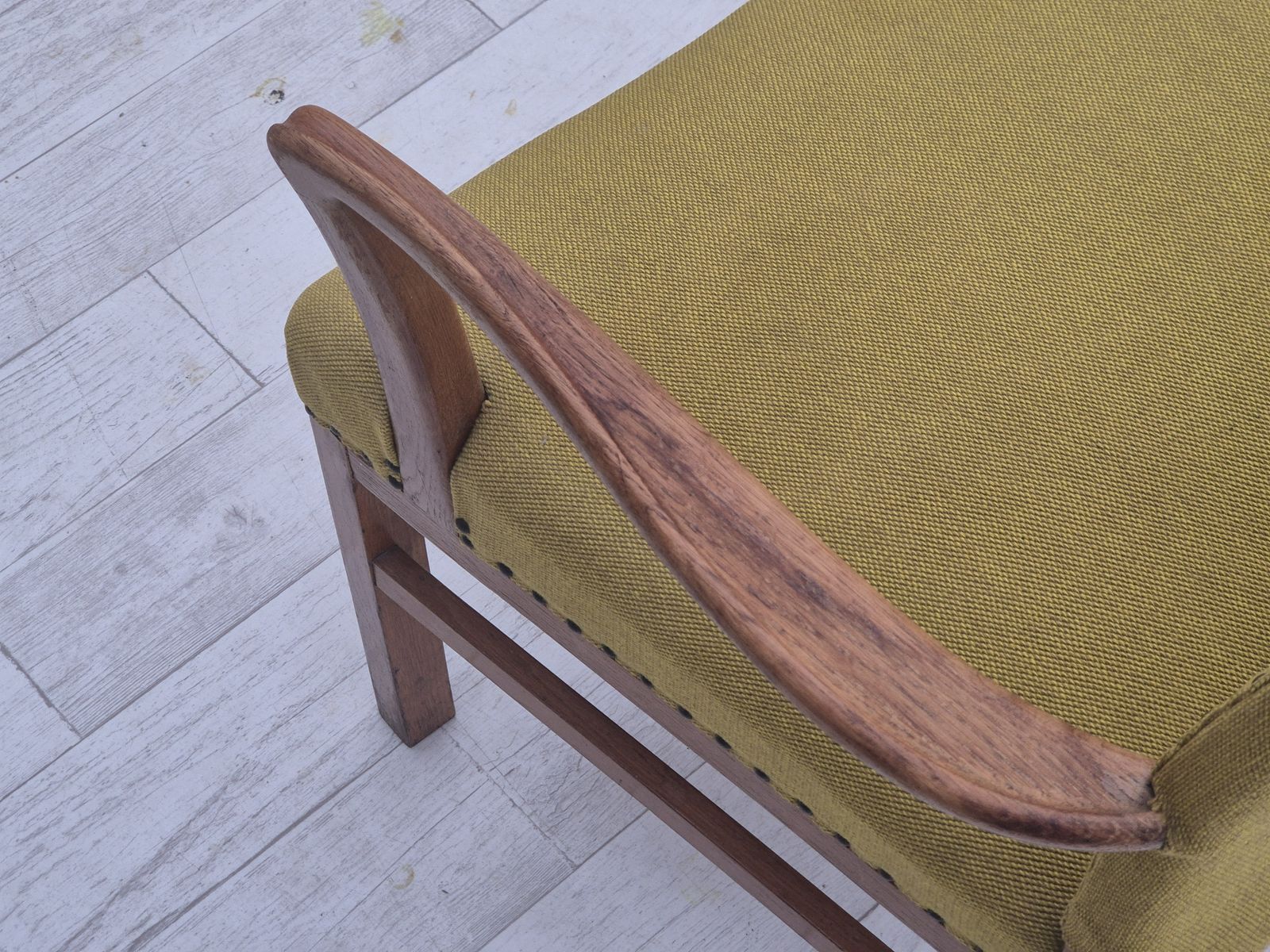 photo furniture 1950s, Danish 2 Seater Sofa By Ehapa Møbler, Original Condition, Wool Fabric, Oak Wood.