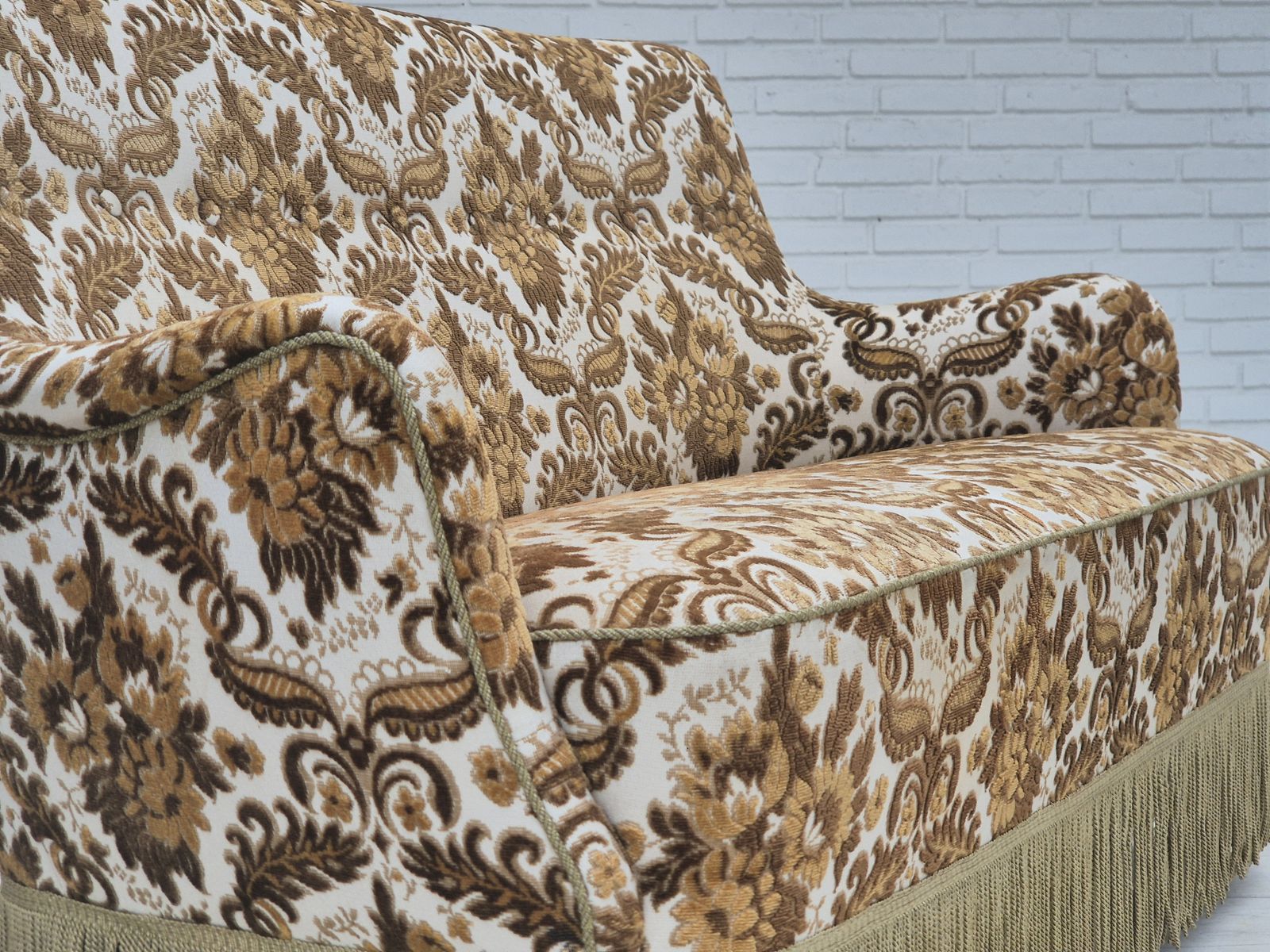 1960s, Danish 2 Seater Sofa, Brown/Beige Furniture Fabric, Ash Wood Legs. photo vintage