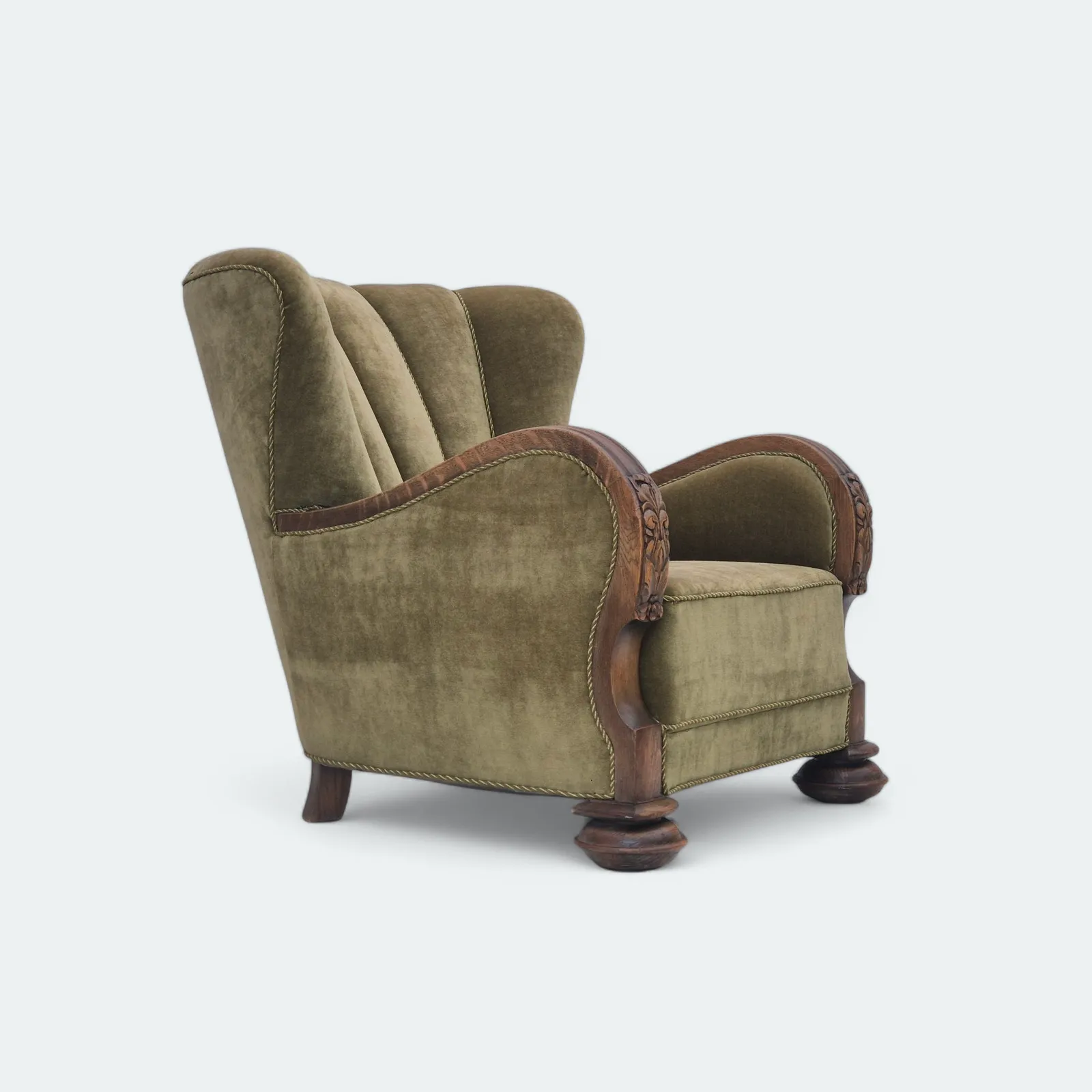 Jaren 1960, Deense Relax Fauteuil, Groen Meubelvelours, Eikenhout.