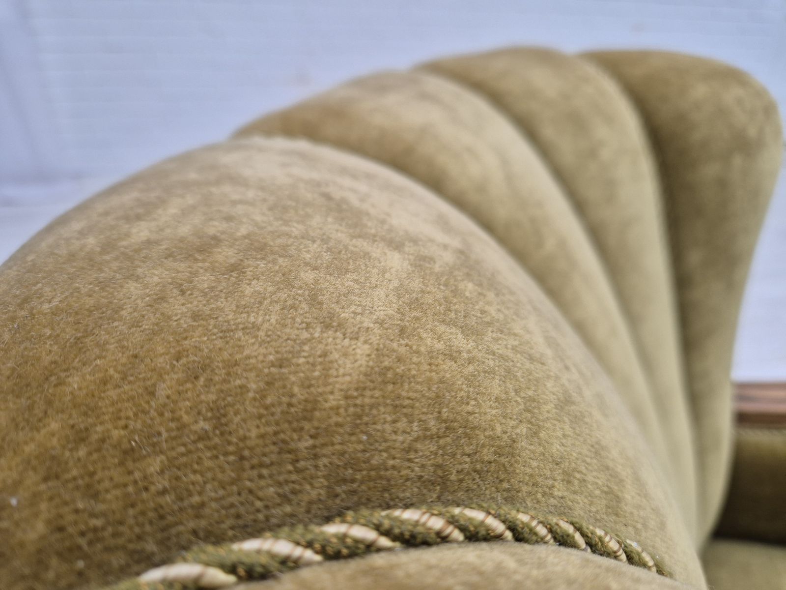 photo furniture 1960s, Danish Relax Armchair, Green Furniture Velour Fabric, Oak Wood.
