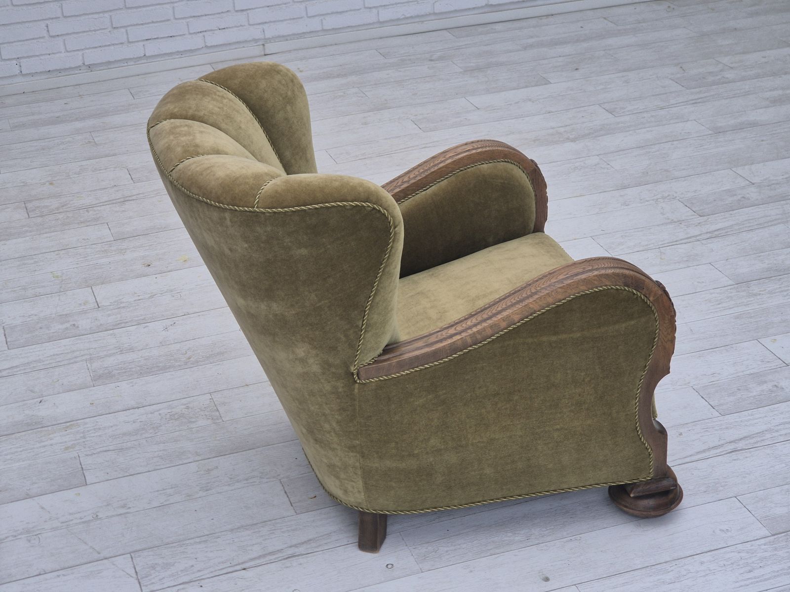 Furniture 1960s, Danish Relax Armchair, Green Furniture Velour Fabric, Oak Wood. photo