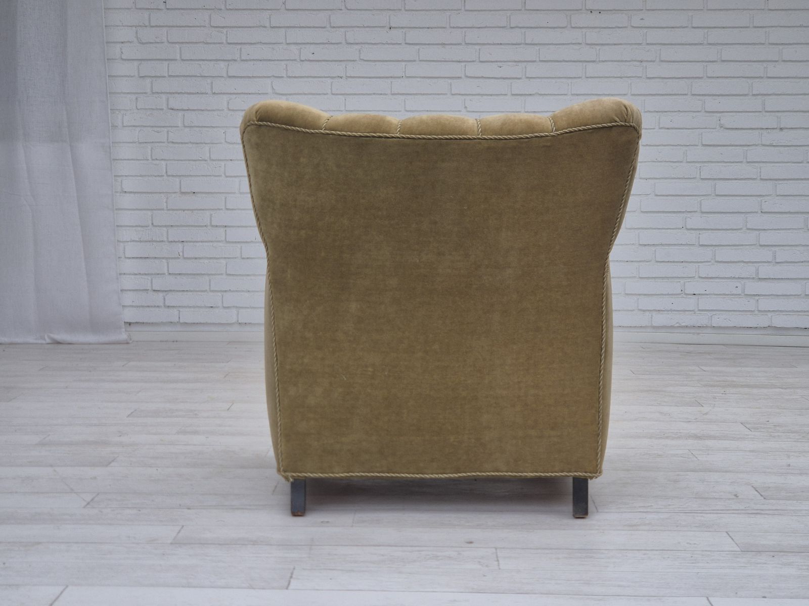 photo buy 1950s, Danish Relax Armchair, Green Furniture Velour, Beech Wood.