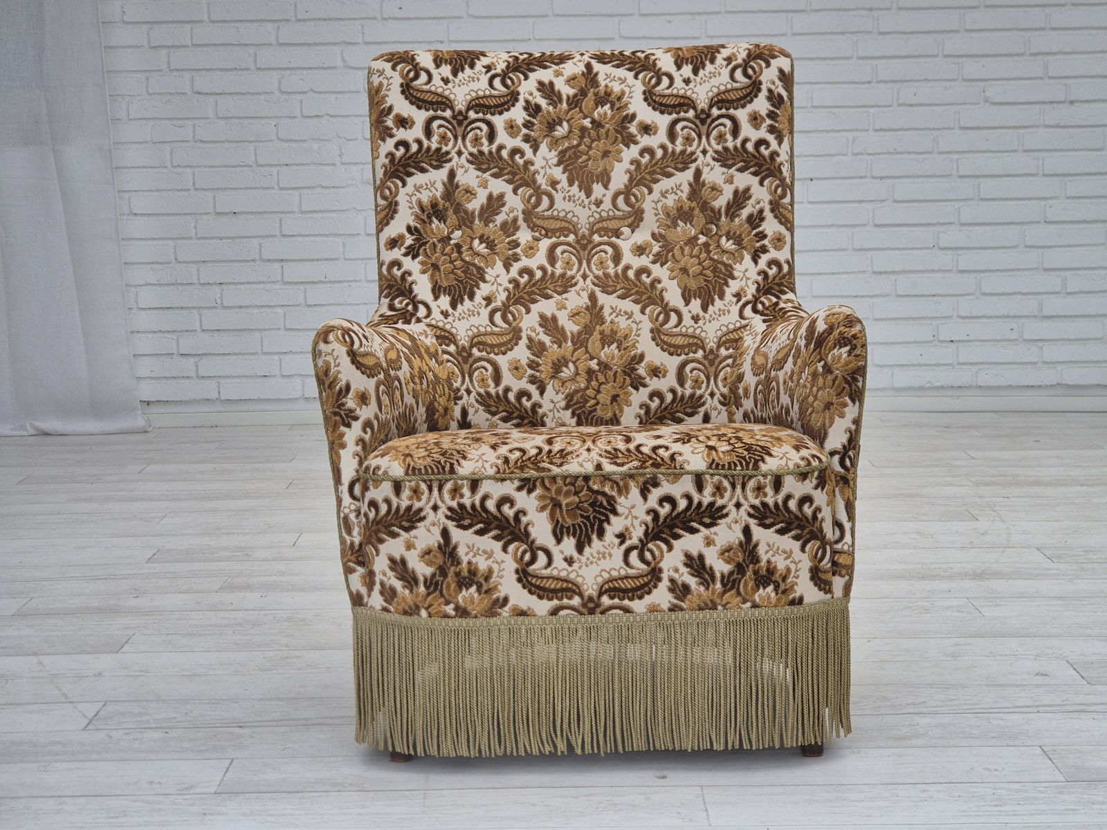 1960s, Danish Highback Armchair, Furniture Velour Fabric, Ash Wood. photo Furniture