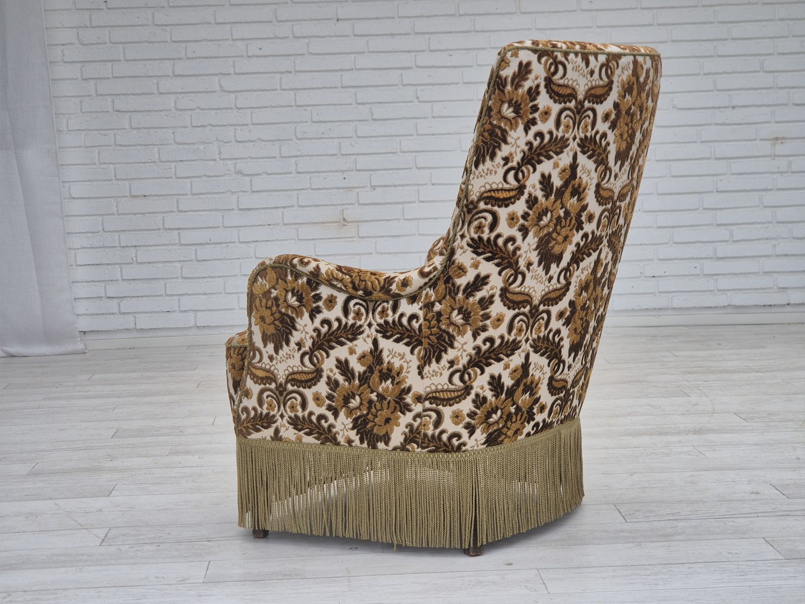 1960s, Danish Highback Armchair, Furniture Velour Fabric, Ash Wood. photo vintage