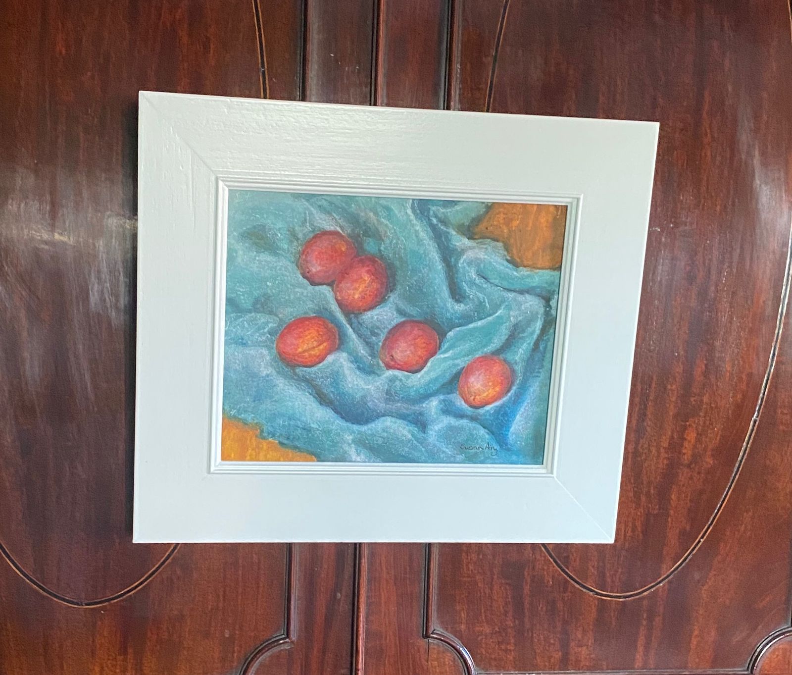 Susan Airy Original Painting Plums On Blue Fabric photo furniture