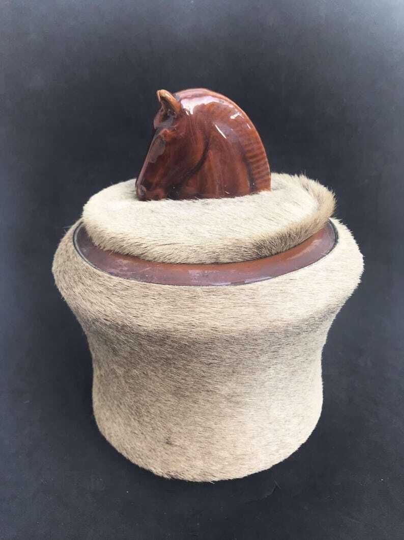 Ceramic Box Longchamp With Lid And Fur, Equestrian Decor Box With Horse Head On Top, Desk Decor Vanity Gift For Man Tobacciana Collection