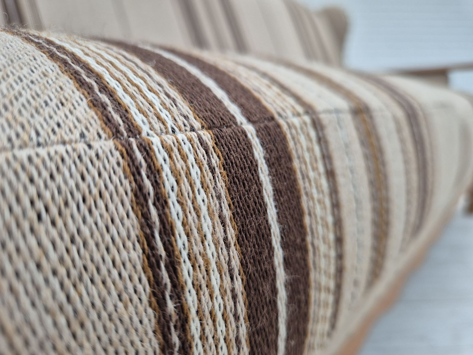 1970s, Danish 3 Seater Sofa, Furniture Wool Fabric, Oak Wood, Original Condition. photo Furniture