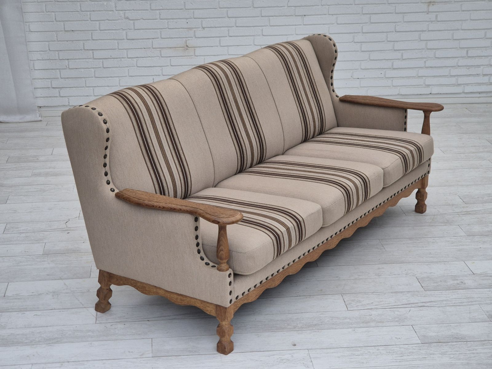 1970s, Danish 3 Seater Sofa, Furniture Wool Fabric, Oak Wood, Original Condition. photo vinterior