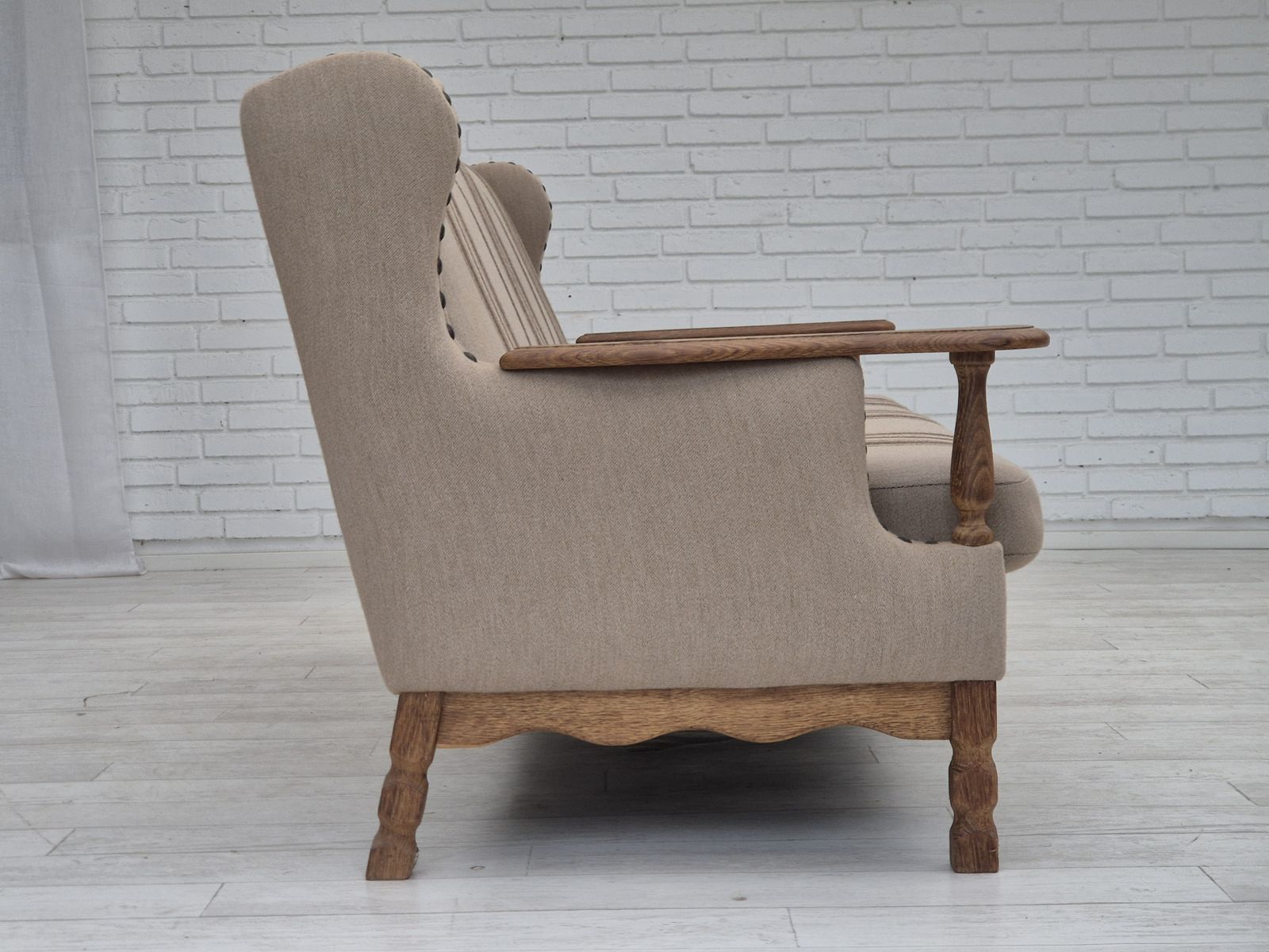 Furniture 1970s, Danish 3 Seater Sofa, Furniture Wool Fabric, Oak Wood, Original Condition. photo
