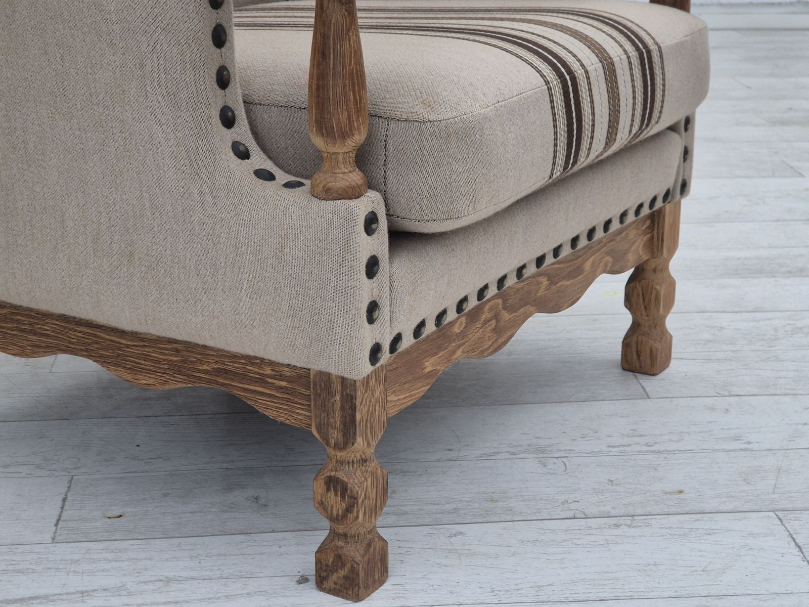 1970s, Danish Armchair, Furniture Wool Fabric, Oak Wood, Original Condition. photo Furniture