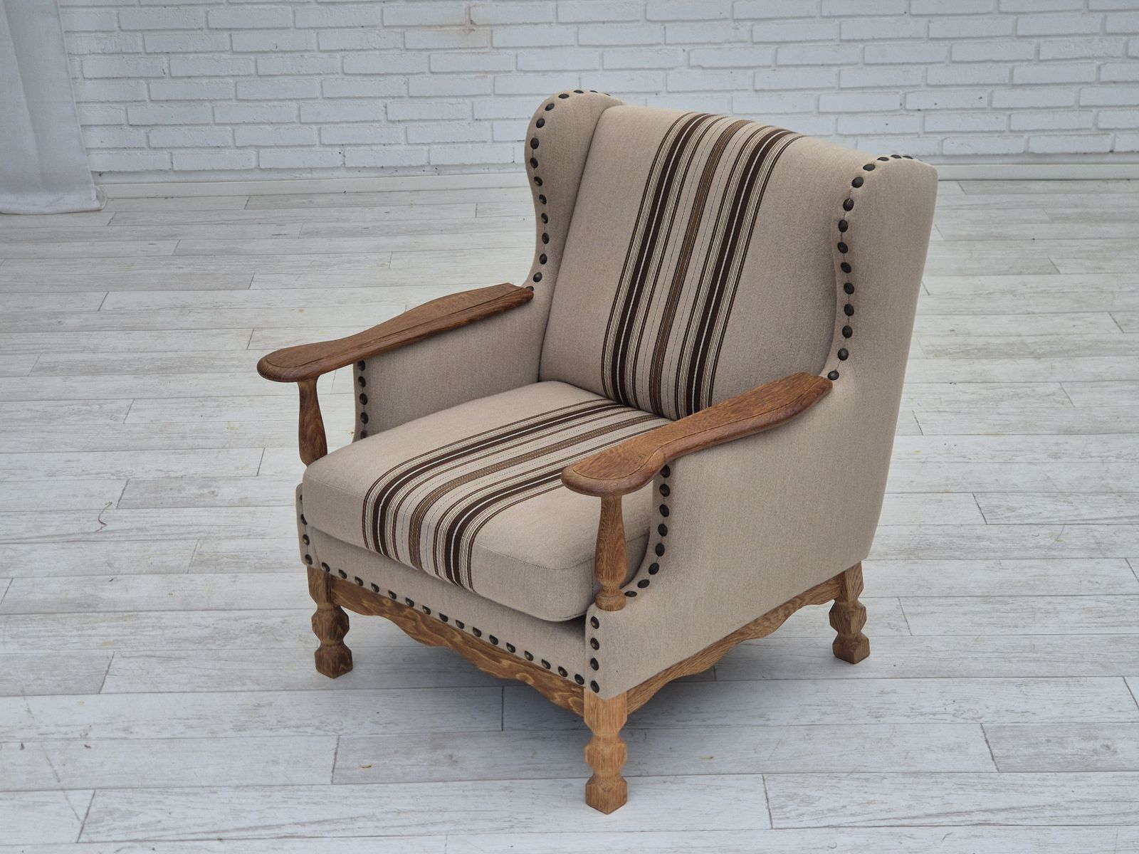 photo buy 1970s, Danish Armchair, Furniture Wool Fabric, Oak Wood, Original Condition.