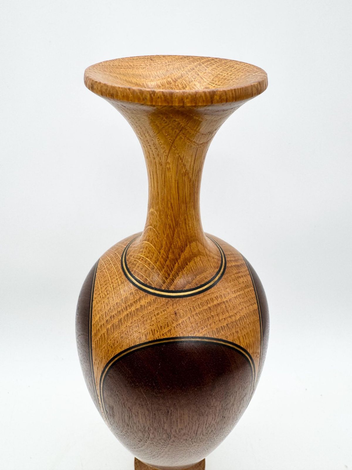 Hand Crafed Wood Inlaid Vase, Signed, Turned Wood Vase photo for sale