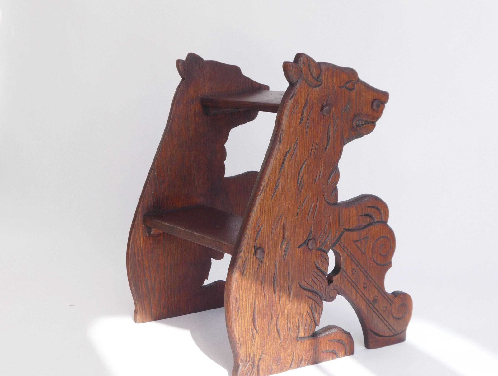 Antique Wooden Carved Victorian Library Stairs With Bear Figure, 1900's Bookcase Ladder, Rare Collectors Small Furniture, Bed Stool photo buy