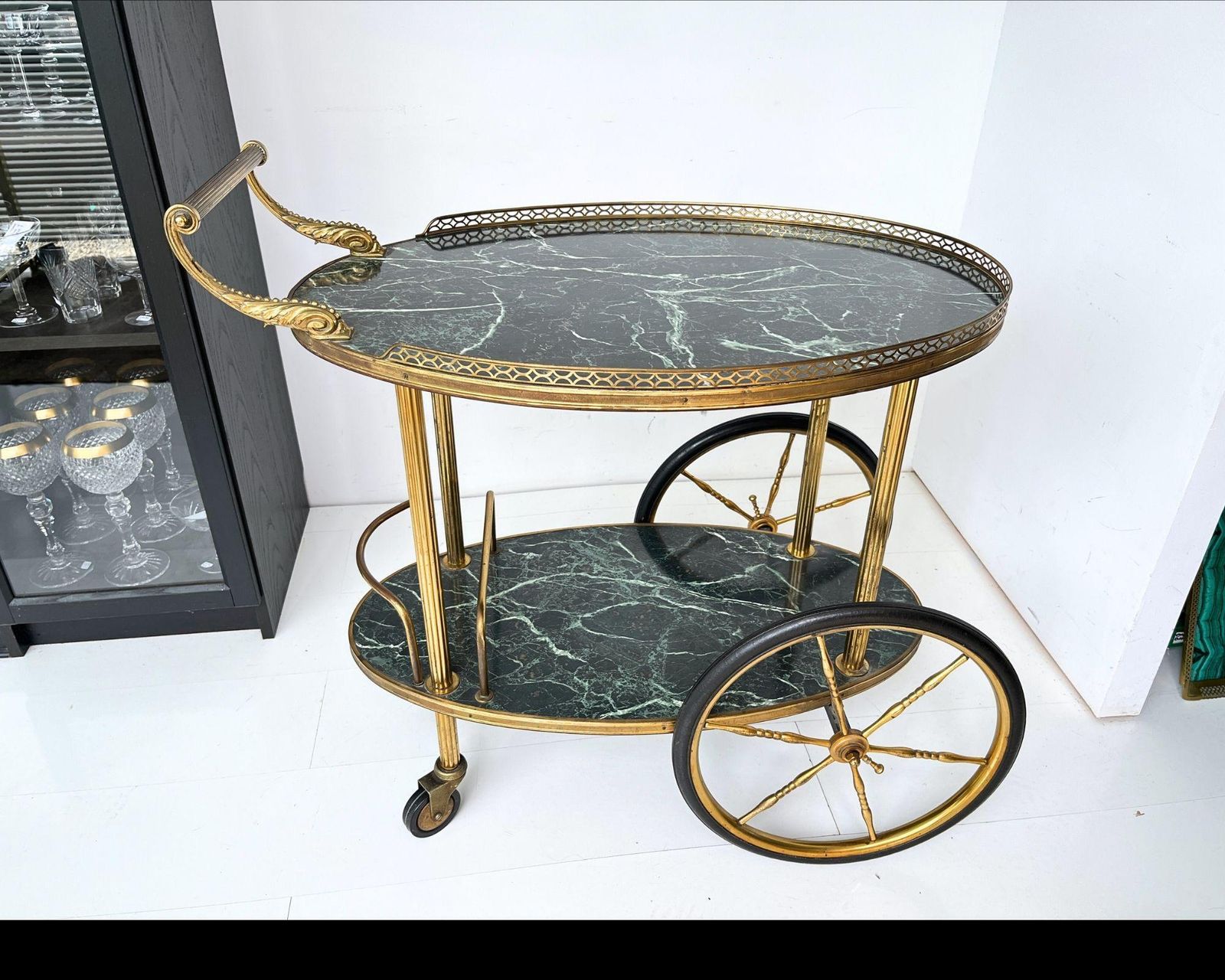 Brass Bar Cart French | Green Marble Decor | Restaurant Hotel photo for sale