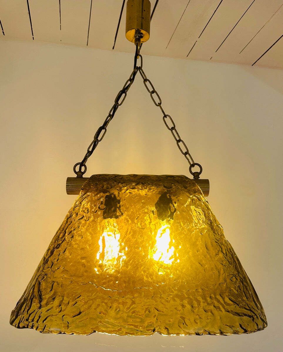 1960s Vintage Carlo Nason For Mazzega Polished Ribbed Brass And Murano Glass Hanging Ceiling Light photo furniture