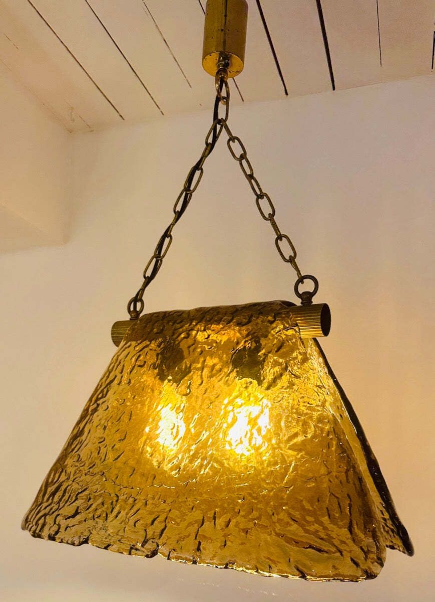 1960s Vintage Carlo Nason For Mazzega Polished Ribbed Brass And Murano Glass Hanging Ceiling Light photo for sale