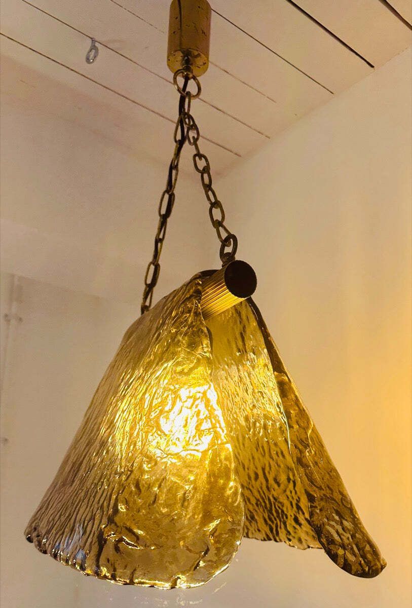 1960s Vintage Carlo Nason For Mazzega Polished Ribbed Brass And Murano Glass Hanging Ceiling Light photo 875.0